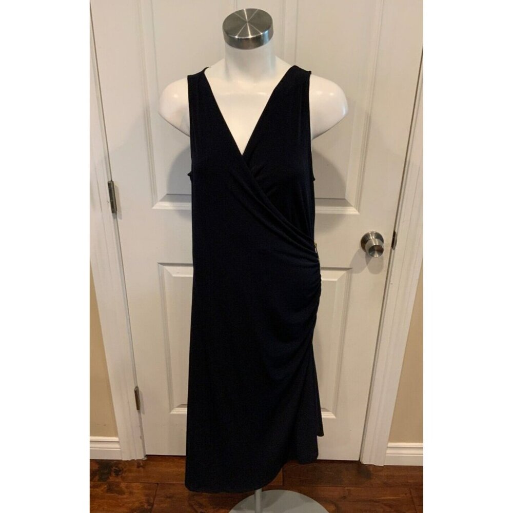 Michael Kors Navy Blue Sleeveless Sheath Dress W/ Gold Zipper Detail, Size Large